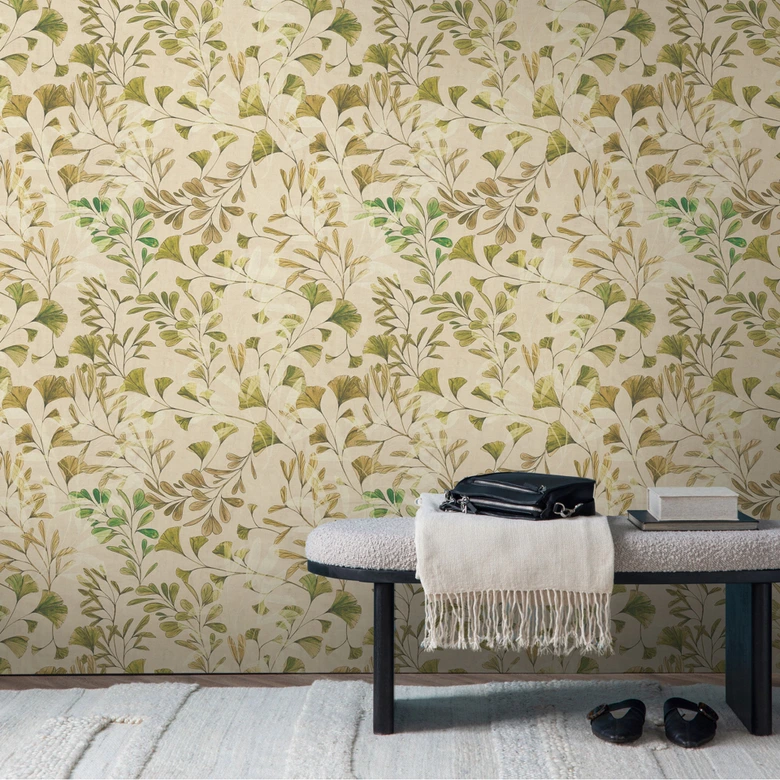 Blätter-Tapete Ginkgo Natur Creme – Vliestapete mit sanften Grüntönen – Modern & Elegant 