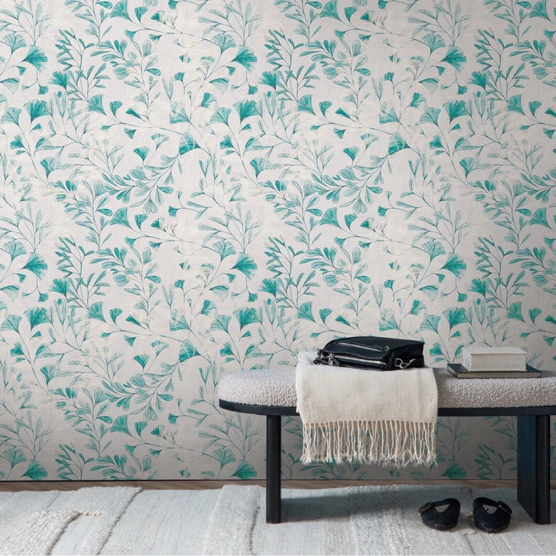 Blätter-Tapete Ginkgo Türkis Weiß – Vliestapete mit Aquarell-Look – Frisch & Leicht 