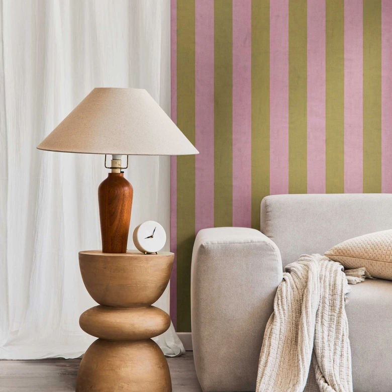 Papier peint rayé rose vert olive - motif classique rayé mat - Papier peint intissé moderne 