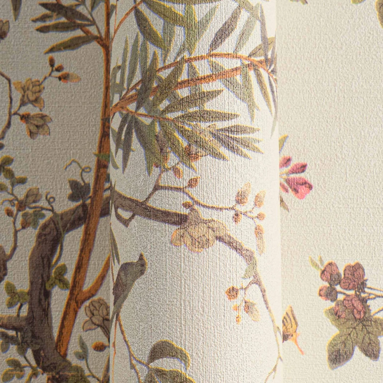 Papel pintado de motivo floral con mariposas crema verde rosa - Papel pintado no tejido motivo naturaleza 