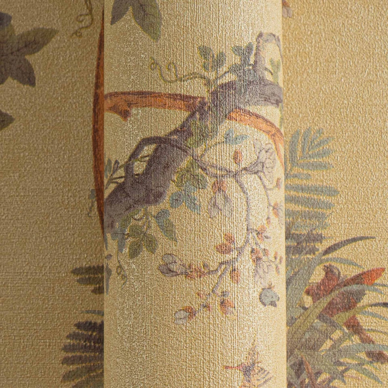 Tapety wg wzoru kwiatowego z motylami musztardowy żółty zielony różowy - tapeta z włókniny z motywem natury 