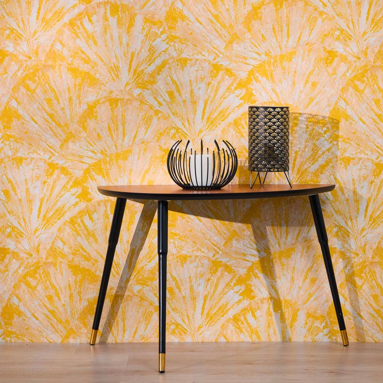 Vinyle expansé avec motif en éventail jaune beige - Papier peint intissé vif brillant 