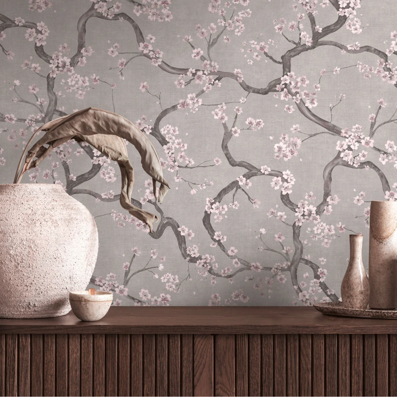 Blütenzweig-Tapete Grau Weiß Rosa – Vliestapete mit Kirschblüten  