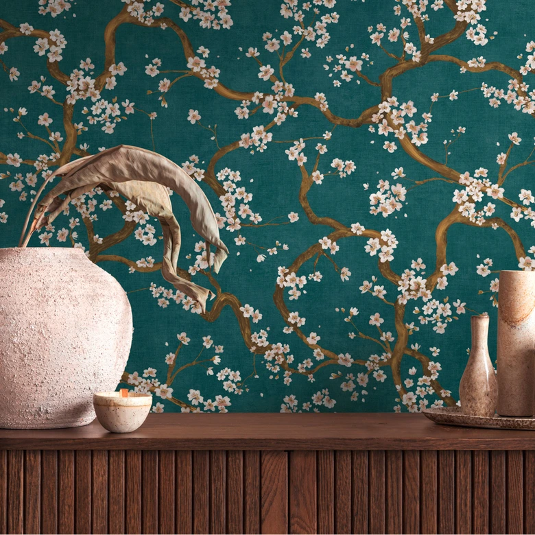 Papier peint branche fleurie vert foncé or blanc - motif fleurs asiatiques - papier peint intissé 