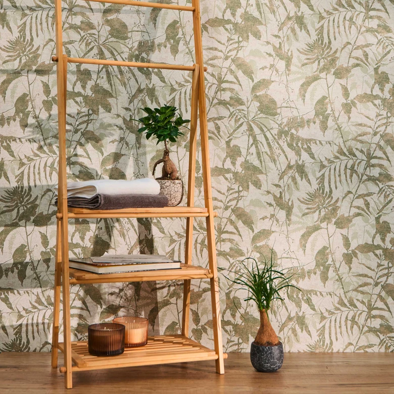 Papel pintado botánico beige verde - motivo de hojas de plantas - Papel pintado no tejido  