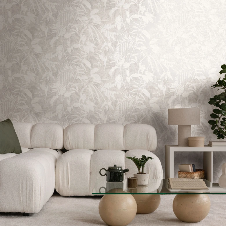 Papier peint végétal blanc rosé - motif naturel délicatement structuré - Papier peint intissé moderne 