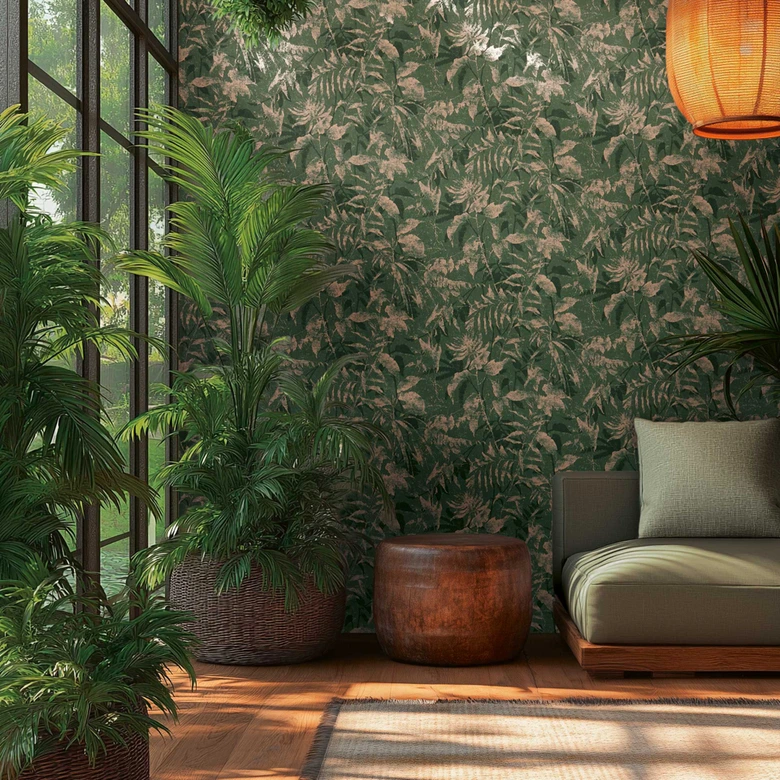 Papel pintado selva arena verde oscuro - diseño de plantas exóticas  