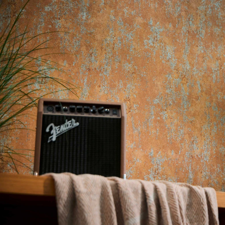 Non-woven wallpaper in rust look copper blue - used look textured wallpaper  