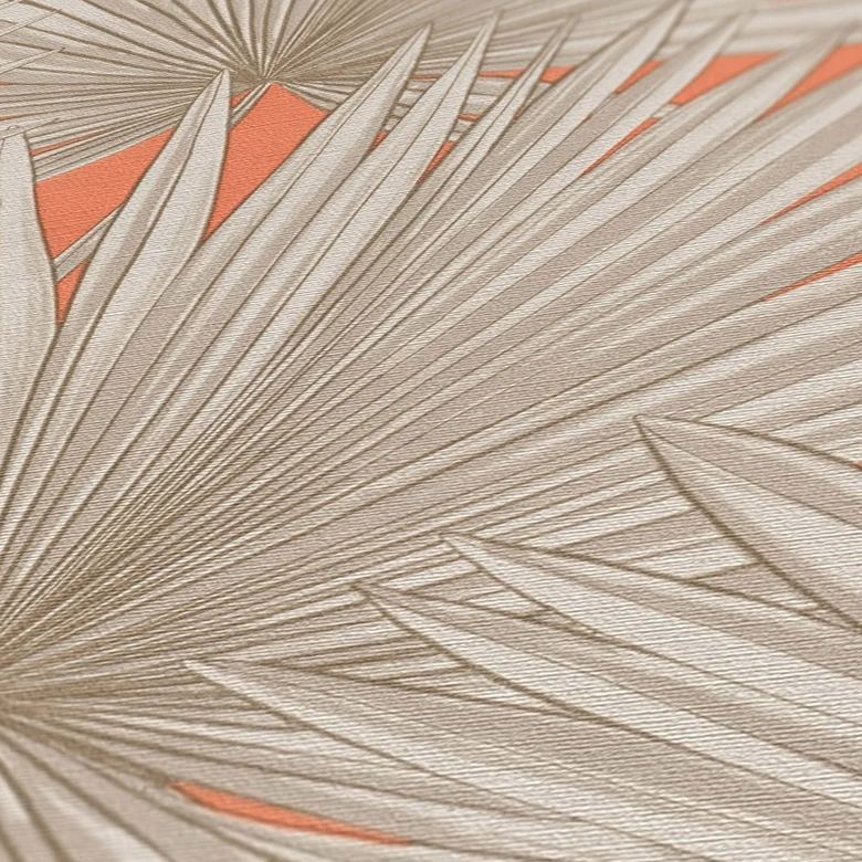 Vliestapete Palmen-Blätter Orange Beige - Dschungel Tapete Wohnzimmer 