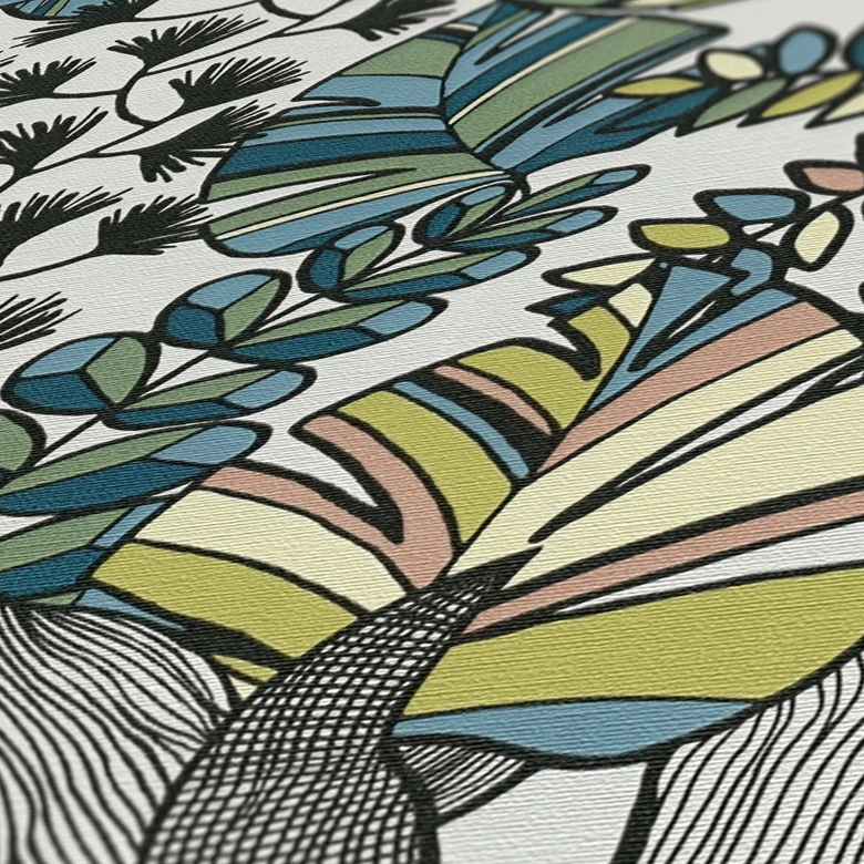 Jungle papier peint feuilles plantes vert bleu blanc - modèle papier peint intissé 