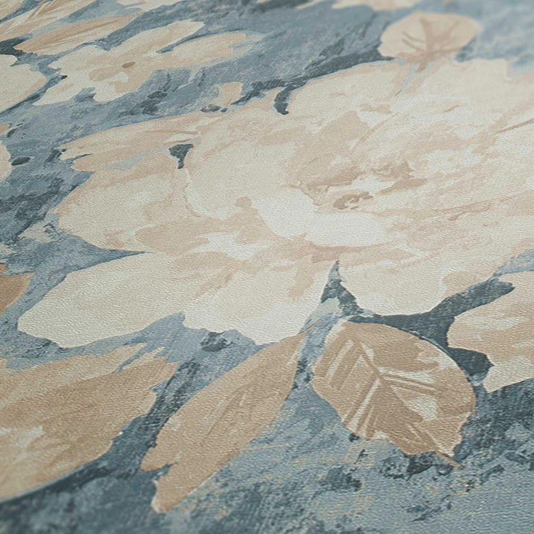 Papier peint floral Vintage bleu beige - papier peint fleuri rétro - papier peint intissé 