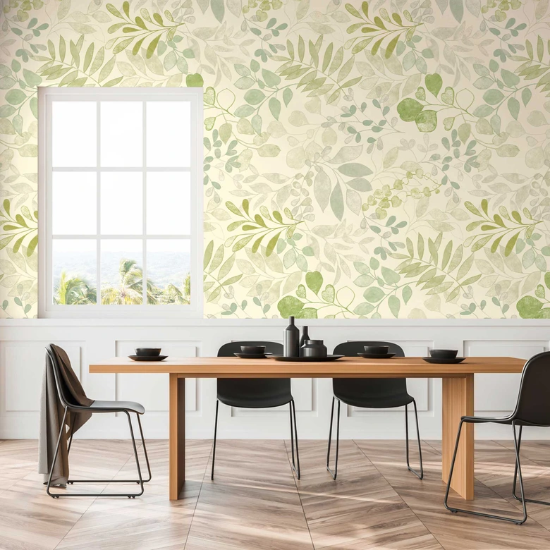 Papel pintado no tejido con motivo de hojas verde beige - papel pintado floral - aspecto naturaleza 