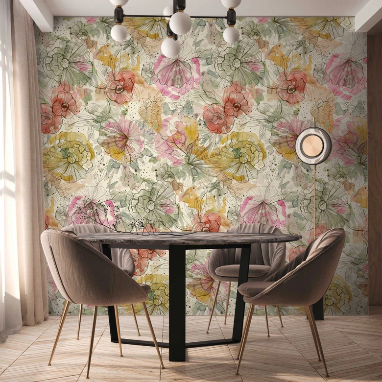 Vliestapete mit Blumenmuster Bunt Aquarell - Florale Fototapete - Modern 