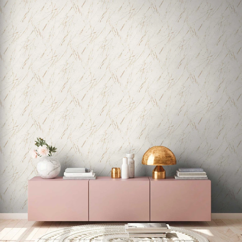 marmer look behang wit champagne kleuren met metallic effect 