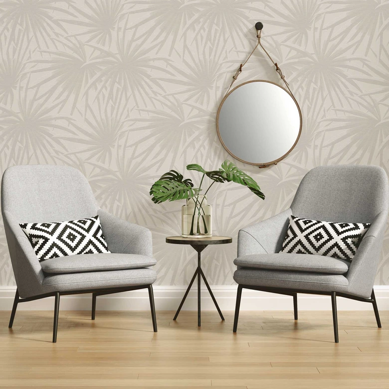 Papel pintado Selva gris claro crema - Papel pintado no tejido con hojas 