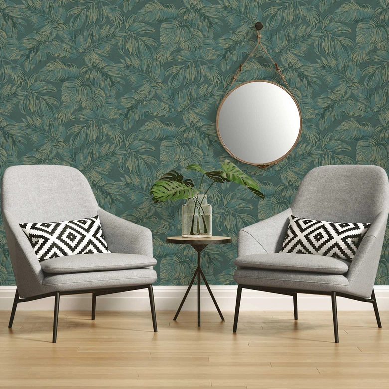 papier peint jungle vert or avec effet métallique - papier peint intissé feuilles de palmier 