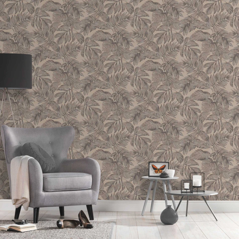 Papel pintado no tejido de hojas de palmera marrón gris - papel pintado jungla para dormitorio 