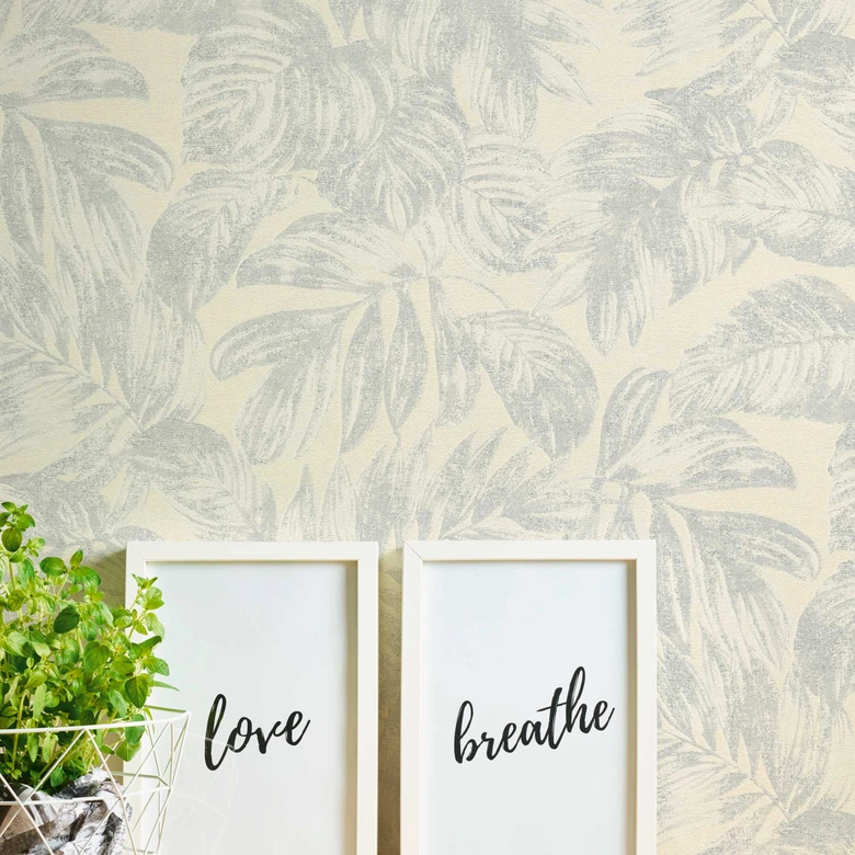 papier peint jungle blanc argenté effet métallique - papier peint palmier feuilles 