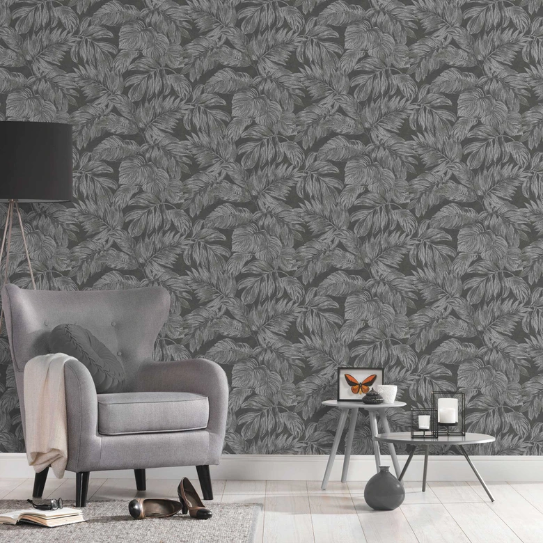 papier peint jungle anthracite gris argenté avec effet métallique - papier peint palmier 