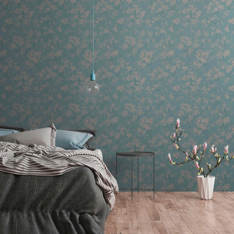 Natur-Tapete Blumen und Blüten Beige Blau - Florale Vliestapete natürlich 