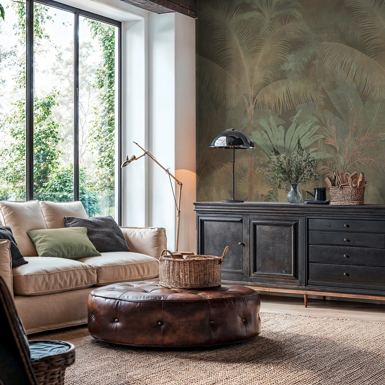 Fotobehang palmbomen jungle uitrekbaar beige groen 159x280 cm Vliesbehang   