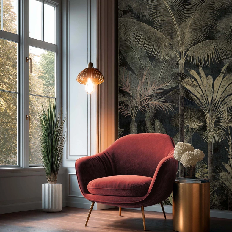 Fototapet palmer djungel expanderbar svart grön 159x280 cm Icke-vävd tapet   
