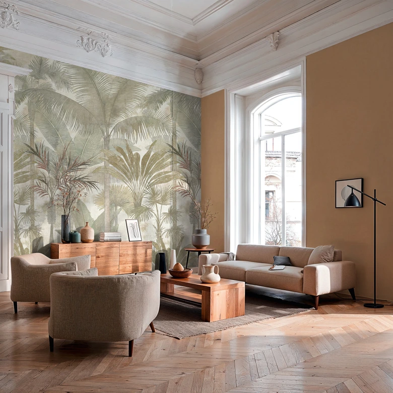 Fotobehang palmbomen jungle uitrekbaar beige crème 159x280 cm Vliesbehang   