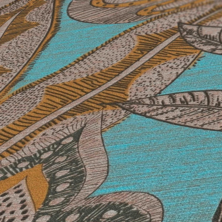 Vliestapete im floralem Design Blau Gelb - Grafik-Tapete mit Blättern 