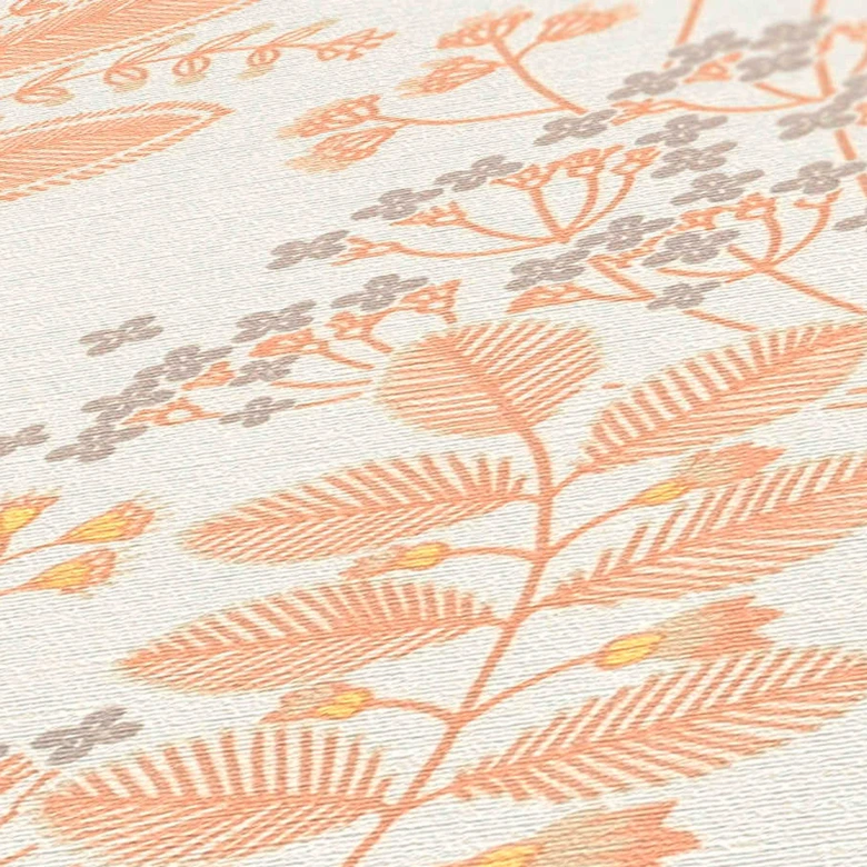 Papier peint intissé à feuilles rétro blanc orange - papier peint floral fleurs 
