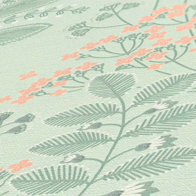 Papier peint intissé avec feuilles style rétro Gris Vert - papier peint floral Fleurs 