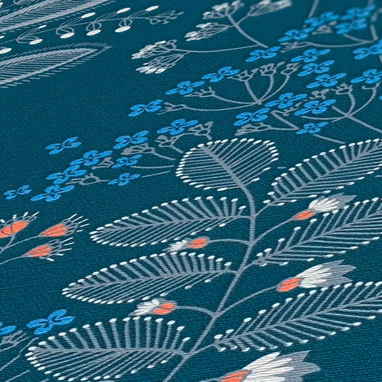 Papier peint à fleurs style rétro Bleu Blanc - papier peint intissé floral avec feuilles 