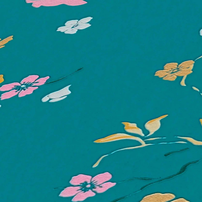 Blumentapete mit Vögeln - Tapete Pfau Türkis Gelb - Florale Tapete Designer 