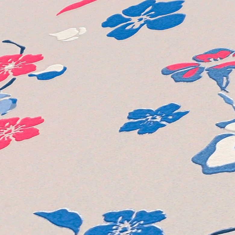 Blumentapete Beige Blau - Vliestapete Floral - Naturtapete Designer 