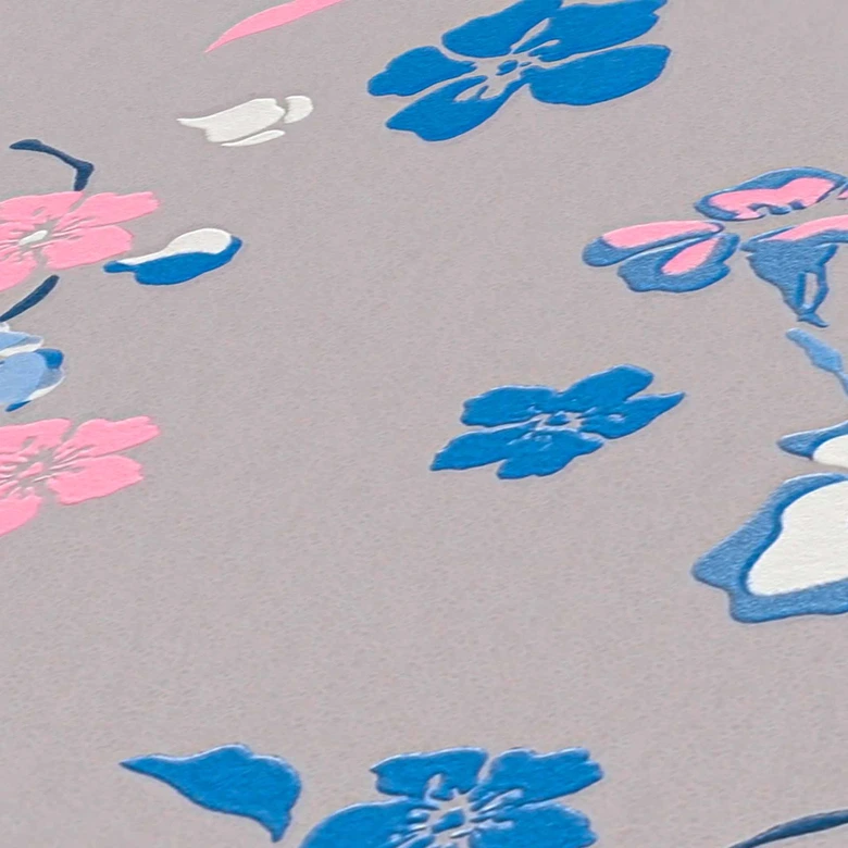 papier peint fleuri gris bleu - papier peint floral - papier peint intissé nature 