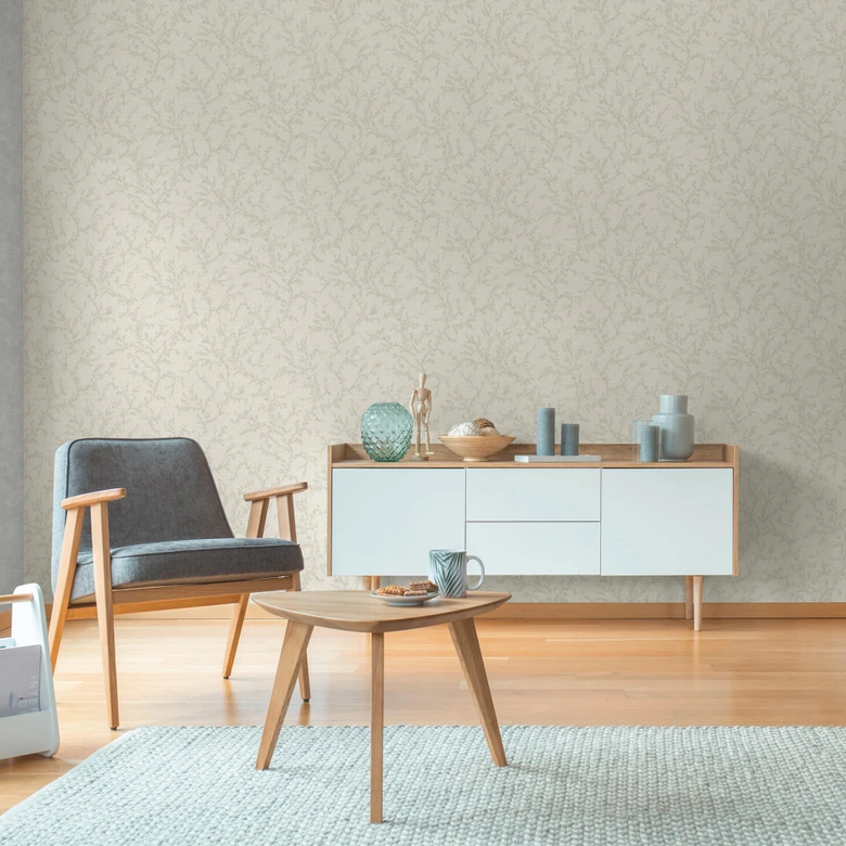 Papier peint floral avec rinceaux crème gris - papier peint intissé subtilement structuré naturel 