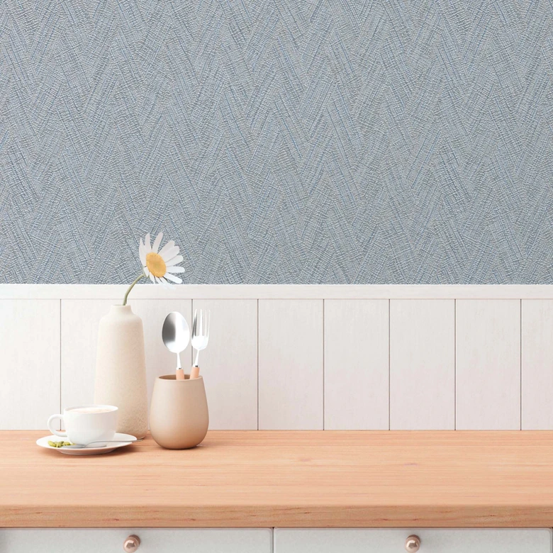 Strukturtapete Fischgrät Blau Grau – Vliestapete modern textilartig gemustert 