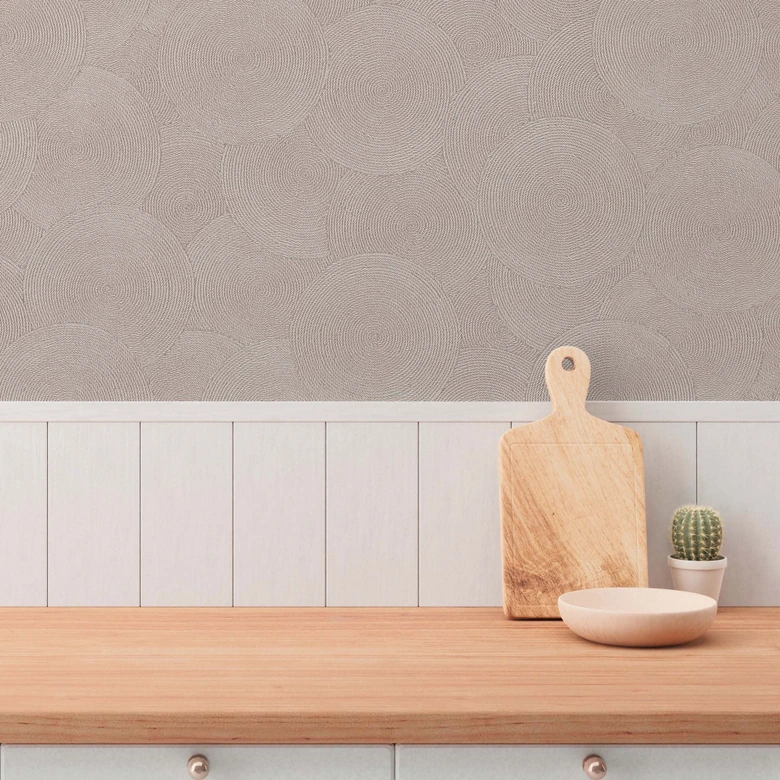 3D behang cirkelpatroon beige grijs - Vliesbehang structuur discreet modern 