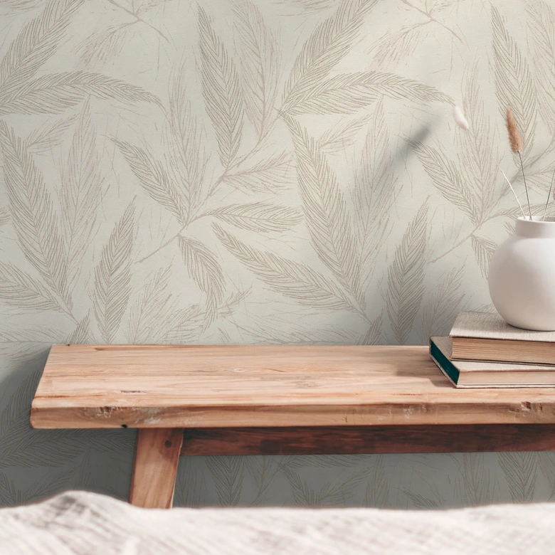 Pflanzen-Tapete Beige Creme Grau – Vliestapete mit feinem Blattmuster matt 