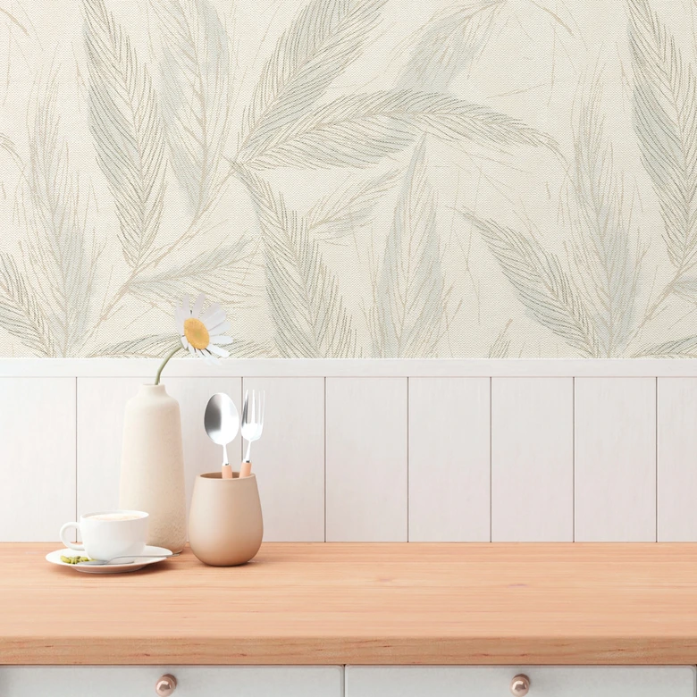 Vit kräm grå växt tapet - Icke-vävd tapet med fint matt bladmönster 