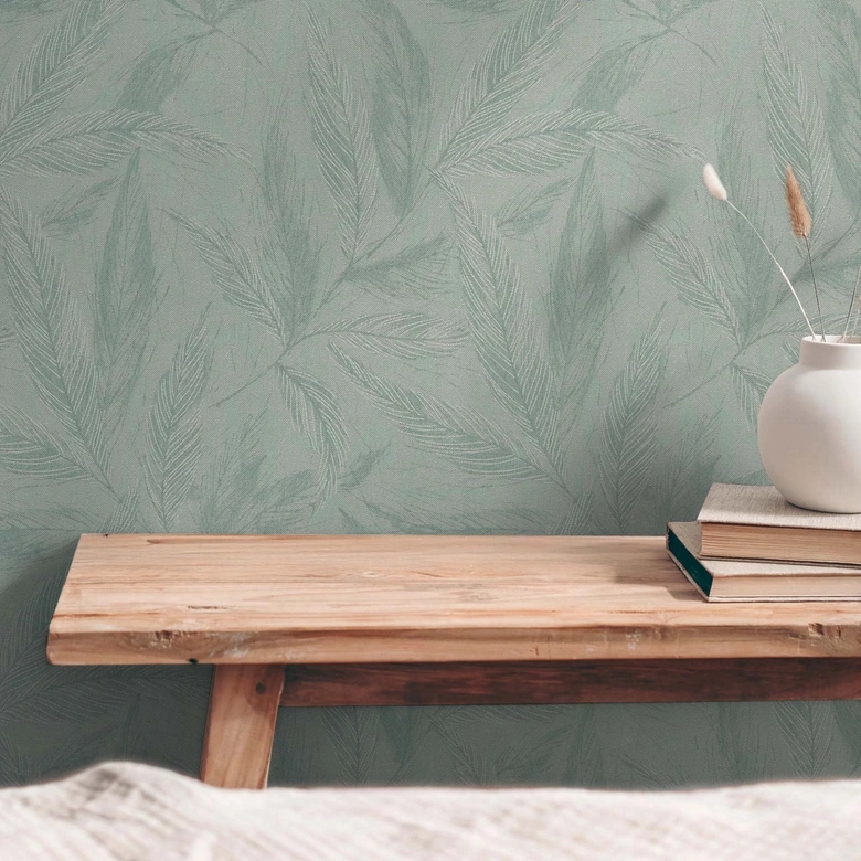 Plant wallpaper green gray - non-woven wallpaper with fine matt leaf pattern 
