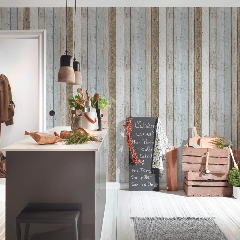 A.S. Création ikke-vævet tapet il Decoro tapet - Maritimt Vintage træoptik, Beige, Blå, Brun 