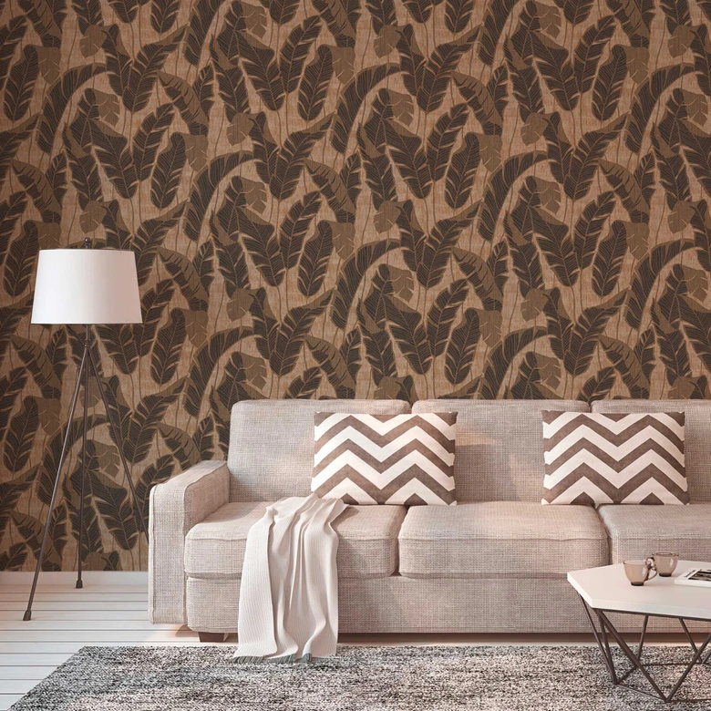 Blätter-Tapete leicht glänzend Beige Schwarz - Florale Mustertapete Pflanzen 