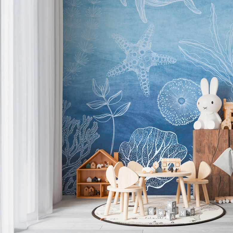 Kinderzimmer Fototapete Meereswelt Blau Weiß - Vliestapete mit Ozean-Motiv erweiterbar 