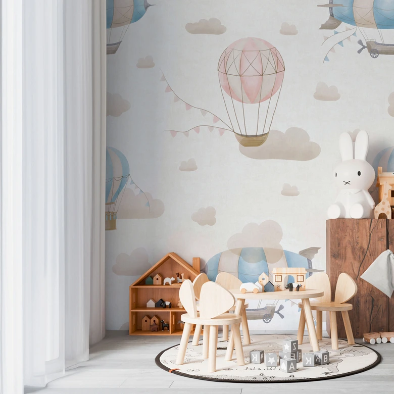 Wall Mural Hot Air Balloons Pink Blue - non-woven wallpaper for children's room expandable 