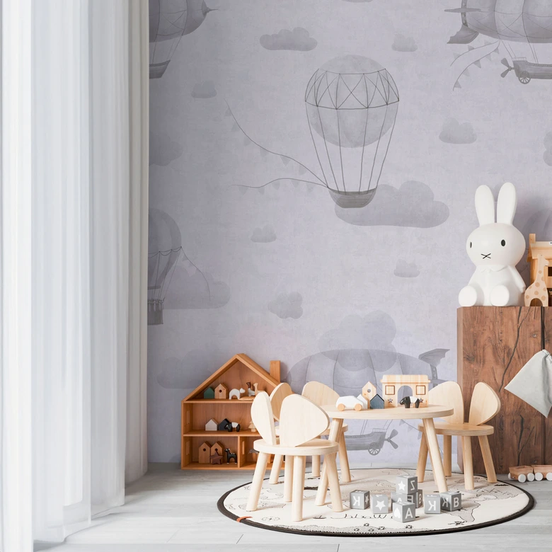 Luchtballonnen behang grijs wit - Vliesbehang voor kinderkamers 