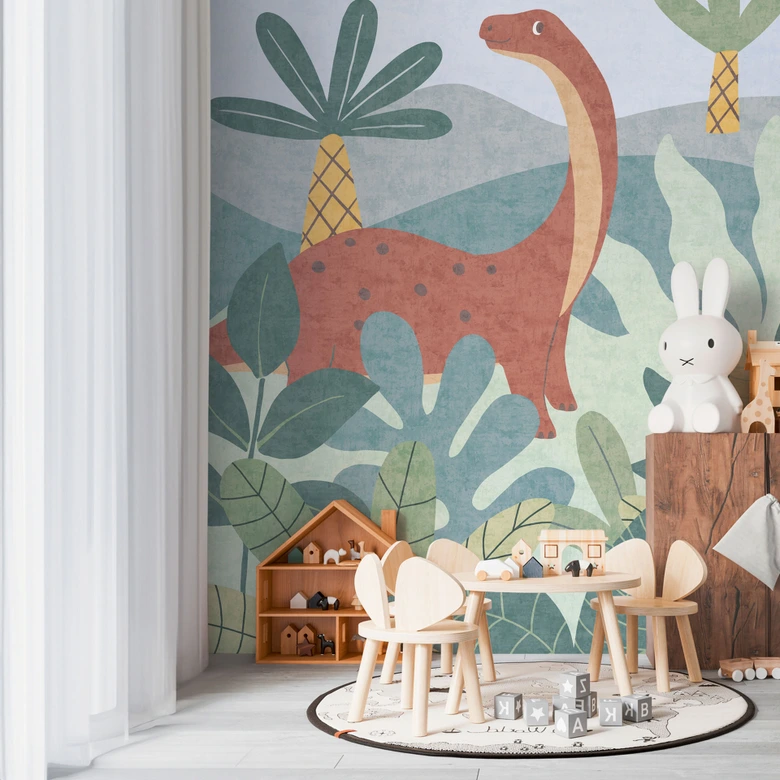 Fototapete Dinosaurier Dschungeloptik Bunt - Kinderzimmer Vliestapete  