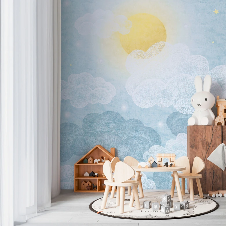 Fototapete Wolkenhimmel Hellblau Gelb - Kinderzimmer Tapete mit Sonne  