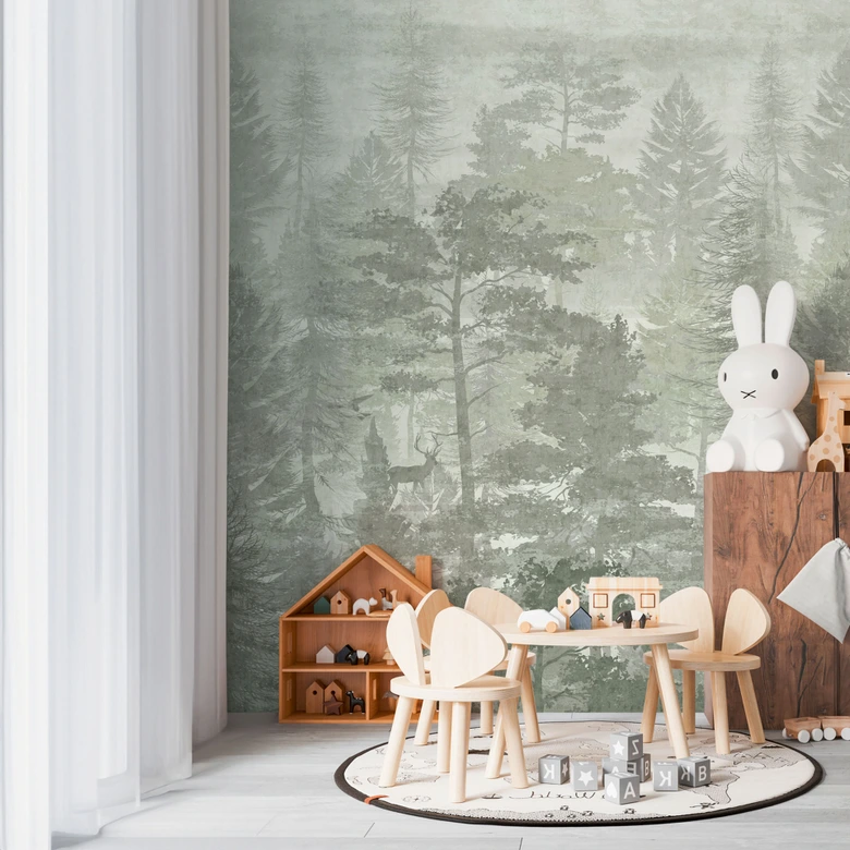 Forest wallpaper mist green gray - nature wallpaper trees - extendable non-woven wallpaper 