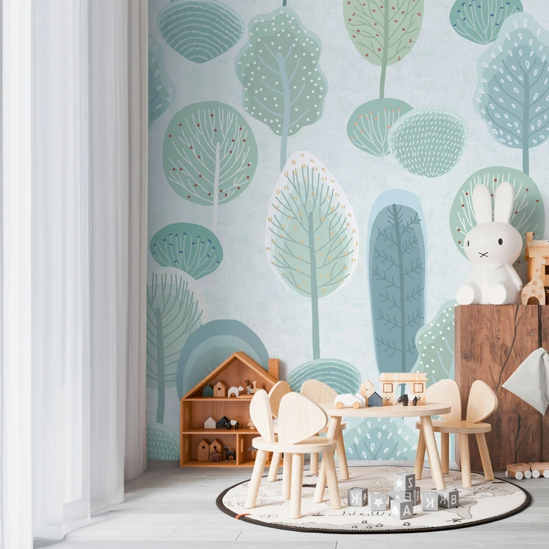 Fotobehang in pastellook groen blauw - kinderkamer behang bomen - Vliesbehang, uittrekbaar 