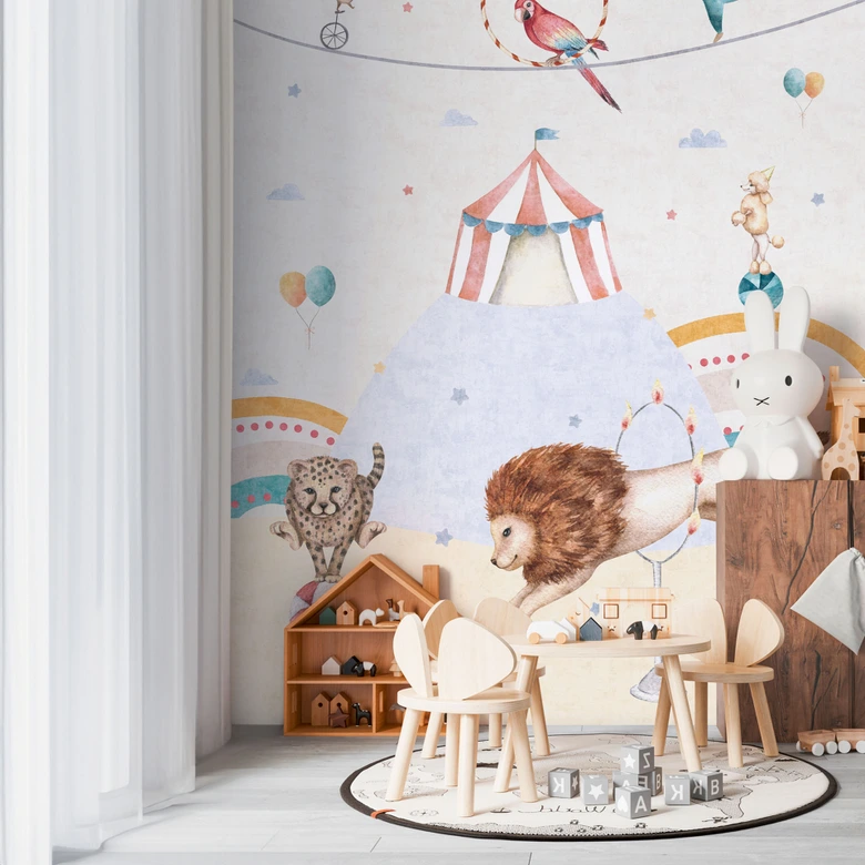 Circus wallpaper mural for children's room colorful - animals and circus tent - non-woven wallpaper 159x280cm 